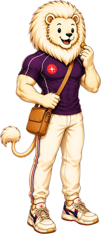 Desi Protein lion mascot with bag