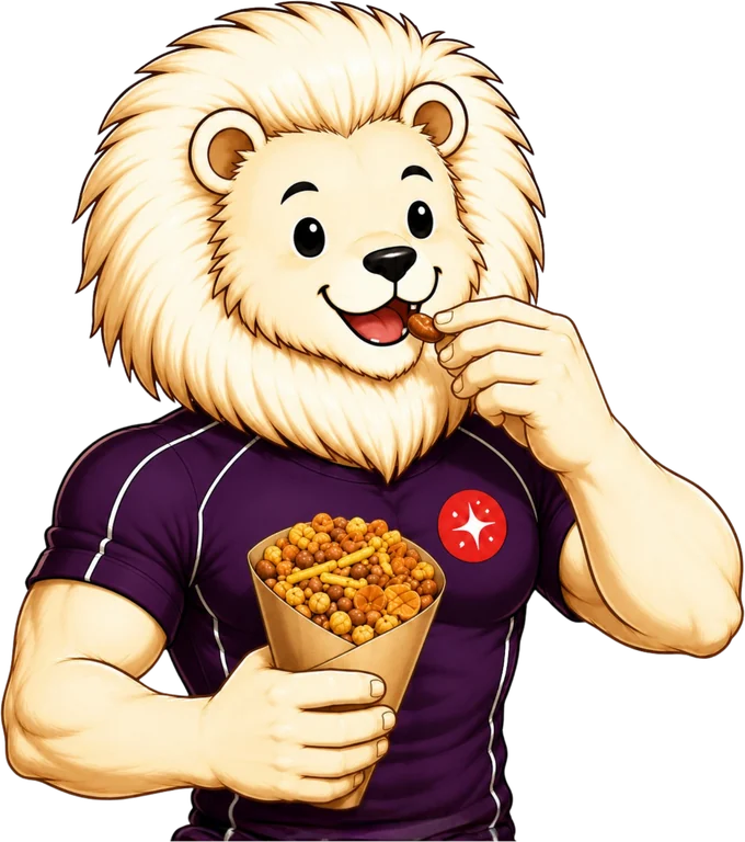 Desi Protein lion mascot enjoying a crunchy snack