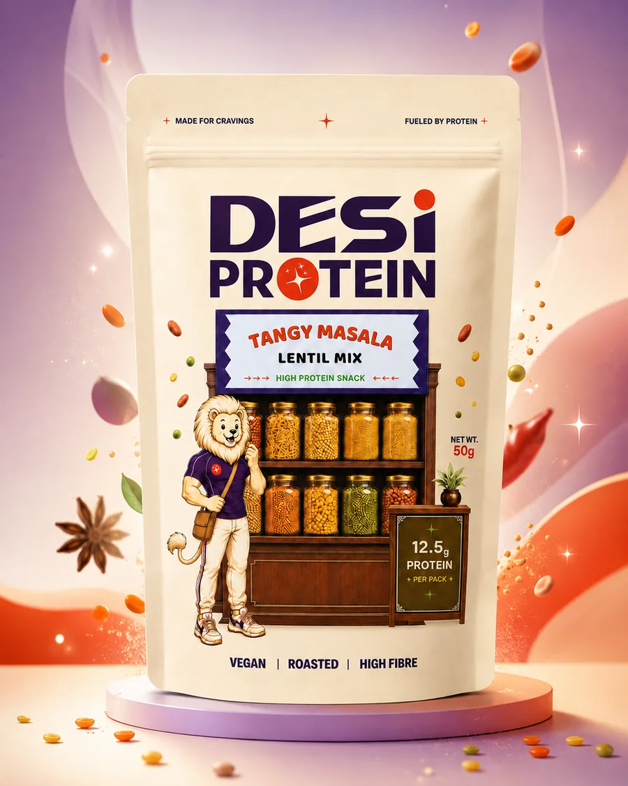 Tangy Masala Lentil Mix campaign image on a warm pastel flavor stage